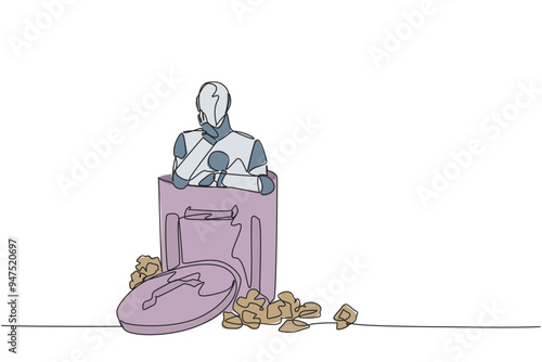 Single one line drawing robot is in the trash. Artificial intelligence is not yet efficient. Unable to detect the danger of fraudulent financial statements. Continuous line design graphic illustration