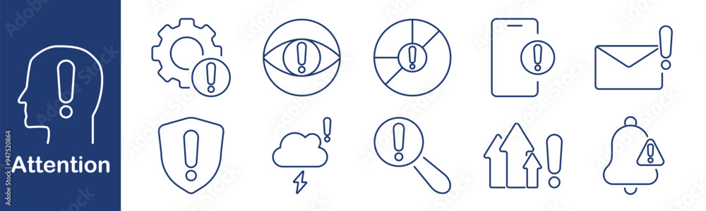 Attention alert icon set. Exclamation mark, gear, eye, chart, mobile, mail, bell, security, cloud, search, arrow, communication, notification, risk, caution, information Attention alert icon set. Exclamation mark, gear, eye, chart, mobile, mail, bell, security, cloud, search, arrow, communication, notification, risk, caution, information