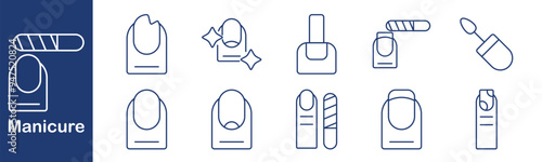 Manicure icon set. Nail polish, file, sparkle, clipper, hand, beauty, care, finger, grooming, cosmetic, treatment, art, salon, hygiene, fashion, style, self-care