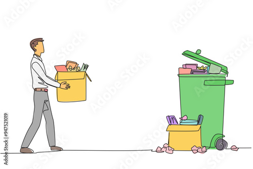 Continuous one line drawing businessman carrying cardboard box full of piles of paper to trash. Throw away unnecessary things. Focus on increasing profits. Single line draw design vector illustration