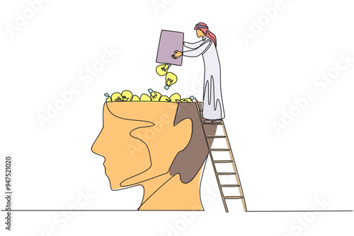 Single one line drawing Arab businessman climb to the large, open head with stairs. Throw away lightbulb. Putting down ideas and innovation. For profits. Continuous line design graphic illustration