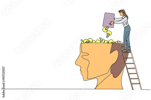 Single continuous line drawing businesswoman climb to the large, open head with stairs. Throw away the lightbulb. Putting down suggestions. Brainstorming. Opinion. One line design vector illustration