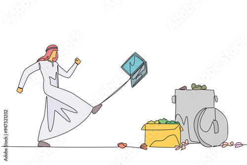 Single one line drawing emotional Arabian businessman kicked the laptop into the trash. Angry at the unprofitable stock value. Haven't made a profit yet. Continuous line design graphic illustration