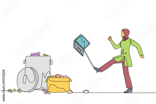 Single continuous line drawing angry Arab businesswoman kicked the laptop into the trash. Venting emotions fails to achieve profit targets. Temperamental. Broken. One line design vector illustration