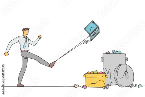 Continuous one line drawing businessman kicked laptop into the trash. Kicking the laptop until it breaks. Venting explosive anger. Business is losing money. Single line draw design vector illustration