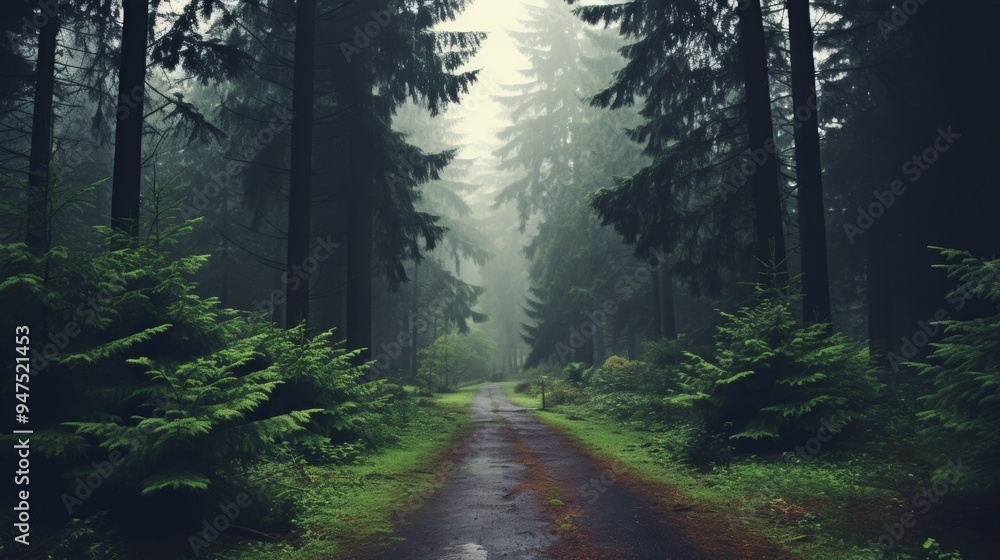 Fototapeta premium Enchanting misty forest landscape featuring lush greenery and a serene, tranquil atmosphere