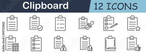 Clipboard set icon. Checklist, document, note, task, paper, board, pen, calculator, mark, organization, management, reminder, report, audit, review, office, record, writing, checklist