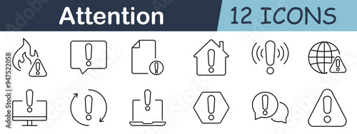 Attention set icon. Warning, fire, chat, home, shield, bell, globe, exclamation, triangle, alert, notice, hazard, caution, danger, security, safety, risk, sign