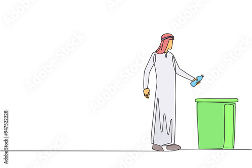 Continuous one line drawing Arabian man throw used plastic bottles into overflowing trash cans. Environmental. How to properly dispose of recyclable waste. Single line draw design vector illustration