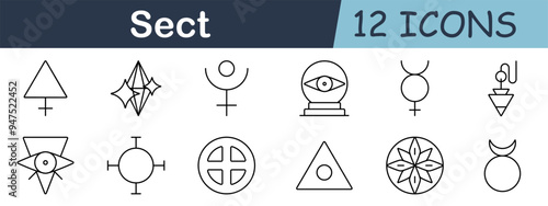 Sect symbols set icon. Triangle, cross, circle, eye, crystal, mystic, moon, star, astrology, occult, spirituality, symbol.