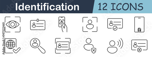 Identification set icon. Eye, ID card, fingerprint, scan, face, user, magnifier, shield, profile, security, identity, verification.