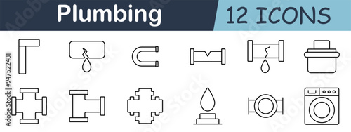 Plumbing set icon. Pipe, faucet, leak, washer, elbow, connector, wrench, water, drain, plumbing tools, valve, coupler.