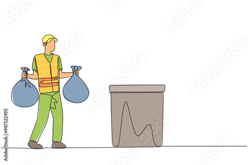 Single continuous line drawing trash man carrying two plastic trash bags. Clean more thoroughly. Clean environment, fresh air, avoid disease. Environmental care. One line design vector illustration