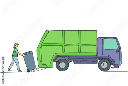 Single continuous line drawing trash woman loads the trash can into the trash truck. The next part is taken to the landfill. Cleaning up the environment. Recycling. One line design vector illustration