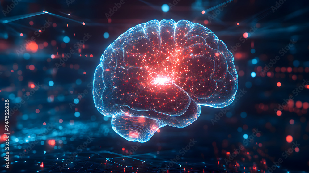 Obraz premium A high-tech illustration of a human brain with glowing plexus lines forming an intricate network that converges into a central, pulsating core