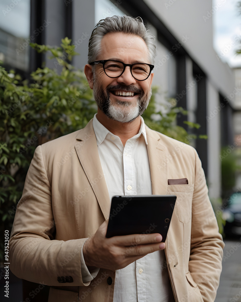 Business professional in glasses holding a tablet and smiling outside Business professional in glasses holding a tablet and smiling outside