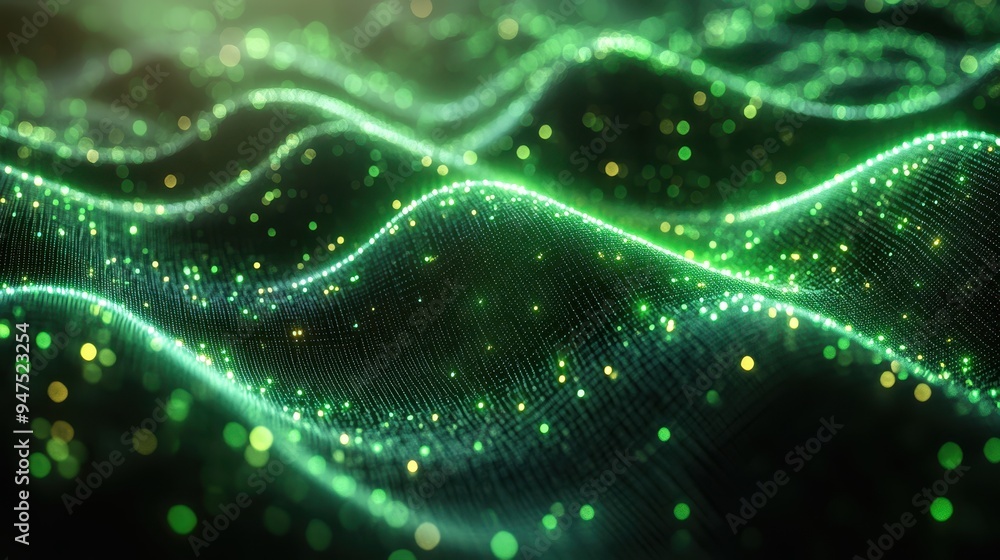 Abstract Green Polygonal Background with Glowing Lines and Dots, Futuristic Digital Wallpaper, High-Resolution 3D Rendering for Tech Illustration and Banner Design