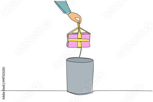 Single one line drawing businessman's hand throwing away a dented gift box. No achievements have been made. Try to adapt stably. Have more enthusiasm. Continuous line design graphic illustration