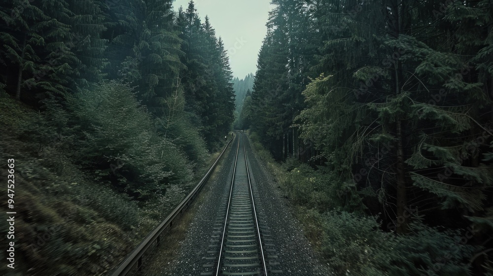 Fototapeta premium Train Tracks Through Foggy Forest
