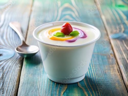 Photo image of a white yogurt cup with a colorful liquid and a small icon of a person holding a yoga pose on the side.