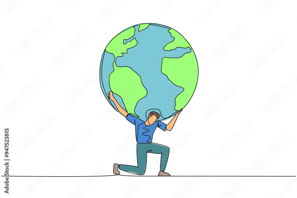 Single continuous line drawing a man kneels while cradling a globe. Alone it will be difficult to look after the earth. An invitation to preserve nature. Earth day. One line design vector illustration Single continuous line drawing a man kneels while cradling a globe. Alone it will be difficult to look after the earth. An invitation to preserve nature. Earth day. One line design vector illustration