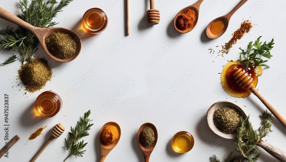 Fresh organic spices for healthy cooking: Red pepper, garlic, herbs, and green leaves in a white glass cup Fresh organic spices for healthy cooking: Red pepper, garlic, herbs, and green leaves in a white glass cup