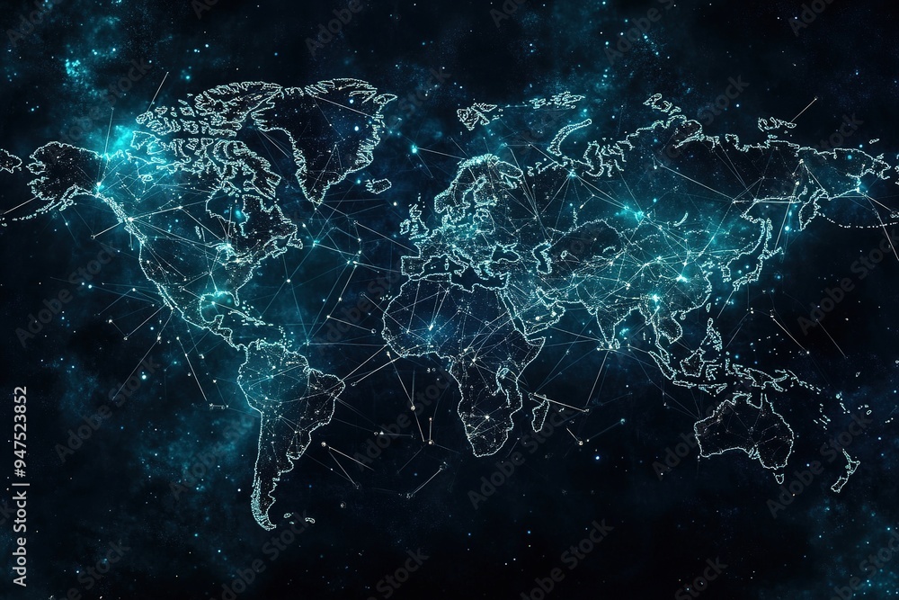 Digital world map with glowing connections on dark blue Digital world map with glowing connections on dark blue