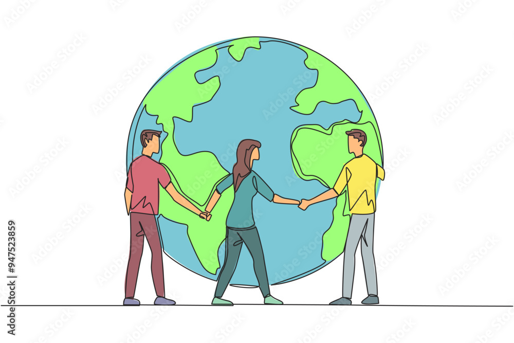 Single one line drawing a group of men and woman standing arm in arm around a globe. Nature lovers community. Preserving environment remains green. Protect. Continuous line design graphic illustration Single one line drawing a group of men and woman standing arm in arm around a globe. Nature lovers community. Preserving environment remains green. Protect. Continuous line design graphic illustration
