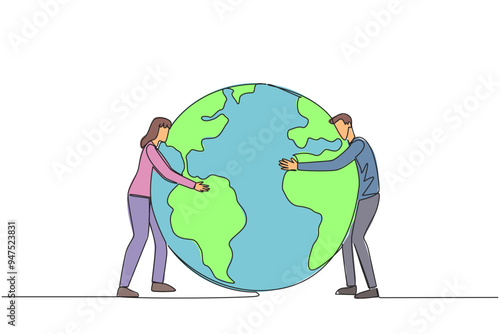 Continuous one line drawing man and woman standing hugging earth. Keeping earth always naturally green. The best inheritance for children and grandchildren. Single line draw design vector illustration