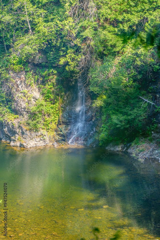 Obraz premium A tranquil waterfall cascading down a rocky cliff into a calm pool, surrounded by vibrant green vegetation. Sunlight filters through the foliage, creating a picturesque and peaceful natural scene.