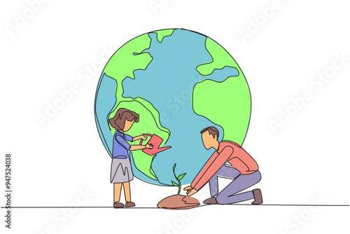 Continuous one line drawing girl standing watering the plants. Teaching environmental care from an early age. World environment day. Earth day. Protect. Single line draw design vector illustration