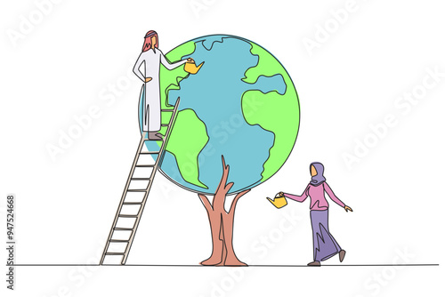 Continuous one line drawing Arab man climbs a ladder watering a tree whose leaves form a globe. Invitation to plant trees. Preserving nature. Save planet. Single line draw design vector illustration