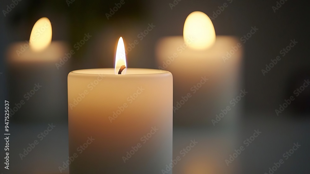 Elegant white candle glowing softly against a white background, symbolizing simplicity, peace, and mindfulness Elegant white candle glowing softly against a white background, symbolizing simplicity, peace, and mindfulness