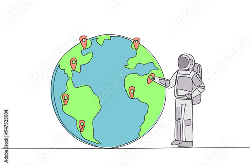 Continuous one line drawing astronaut places a pin location point on surface of globe. Mapping from space areas whose sustainability is urgently needed. Single line draw design vector illustration