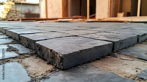 Process of installing a base layer for a patio, focusing on the uniform distribution of materials, with edge restraints ensuring long-term durability