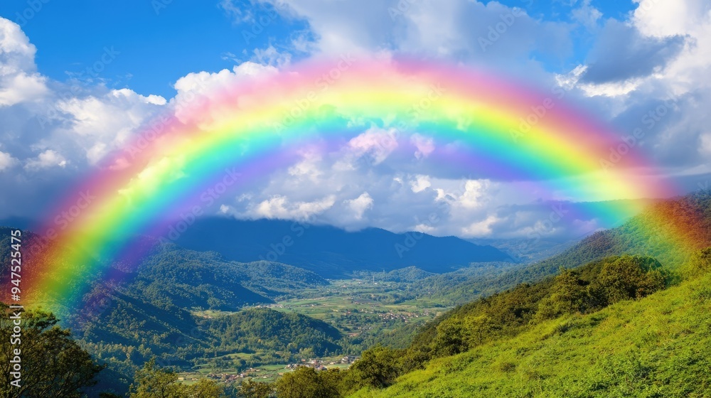Bright rainbow over springtime countryside Bright rainbow over springtime countryside
