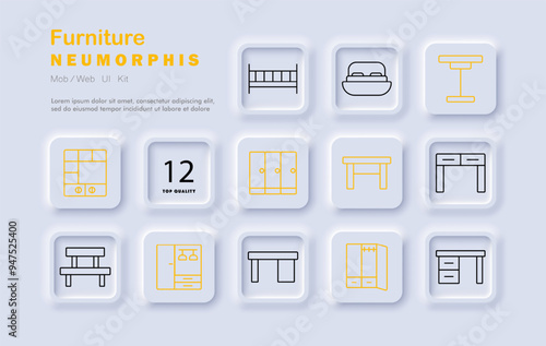 Furniture set icon. Table, bed, wardrobe, shelving, home furniture, interior design, neomorphic style, storage solutions
