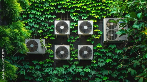 Five air conditioner units mounted on a black wall covered in green foliage. photo