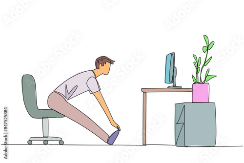 Continuous one line drawing man sitting in work chair with legs straightened. Work overtime on weekends. Eyes focus on the screen. Thinking about a project. Single line draw design vector illustration