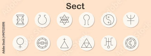 Sect set icon. Symbols, spiritual signs, religious icons, esoteric symbols, mystical emblems, neomorphic style, belief systems