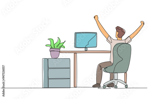 Continuous one line drawing the man sit on chair opening and raising his hands. Seen from behind. Monitoring the work progress. Stretch while overtime. Single line draw design vector illustration