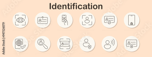 Identification set icon. Biometric scan, ID card, user verification, security check, passport, facial recognition, fingerprint, online identity, authentication, personal information, access control