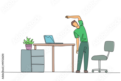 Single one line drawing man stands while raising one hand and tilting body. Light exercise while at the office. Helps mind to focus. Overtime on weekends. Continuous line design graphic illustration