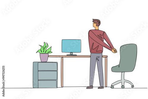 Single continuous line drawing man stands with his hands behind his back. A simple stretch before working overtime on the weekend. Lots of deadlines. Relaxes mind. One line design vector illustration