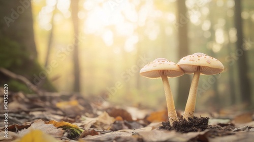 A serene photo of two mushrooms growing on the forest floor, surrounded by fallen leaves and soft sunlight filtering through the trees. The image conveys a peaceful and natural setting, perfect for th