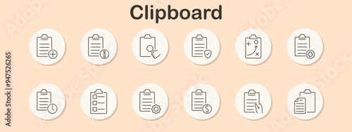Clipboard set icon. Task management, checklist, document, schedule, strategy, medical record, information, progress tracking, financial report, planning, organization, office tools