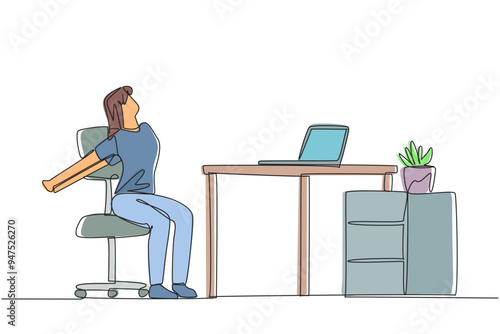 Continuous one line drawing woman sitting in work chair stretching arms behind back. Avoid sprains. Stretch to work smoothly. Overtime on the weekend. Single line draw design vector illustration