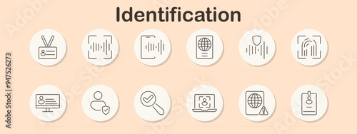 Identification icon. Biometric verification, ID card, fingerprint scan, security check, passport, facial recognition, access control identity, personal information, authentication, digital security