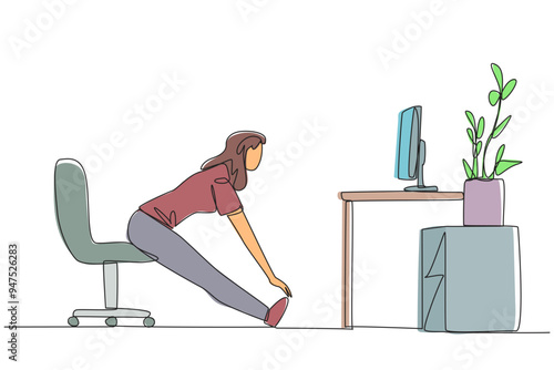 Single continuous line drawing woman sitting in work chair with legs straightened. Exercise following the instructions on the screen. Relaxing during work. Calm. One line design vector illustration
