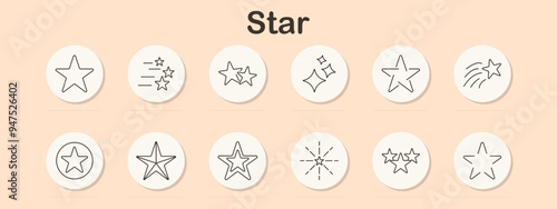 Star icon set. Various star symbols including shooting star, sparkling, double stars, and outline star designs for rating, decoration, and celestial themes